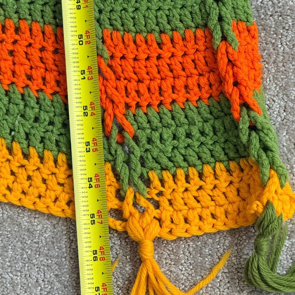 Vintage Handmade Crochet Throw Blanket Fringe‎ Boho Orange Green Yellow Afghan